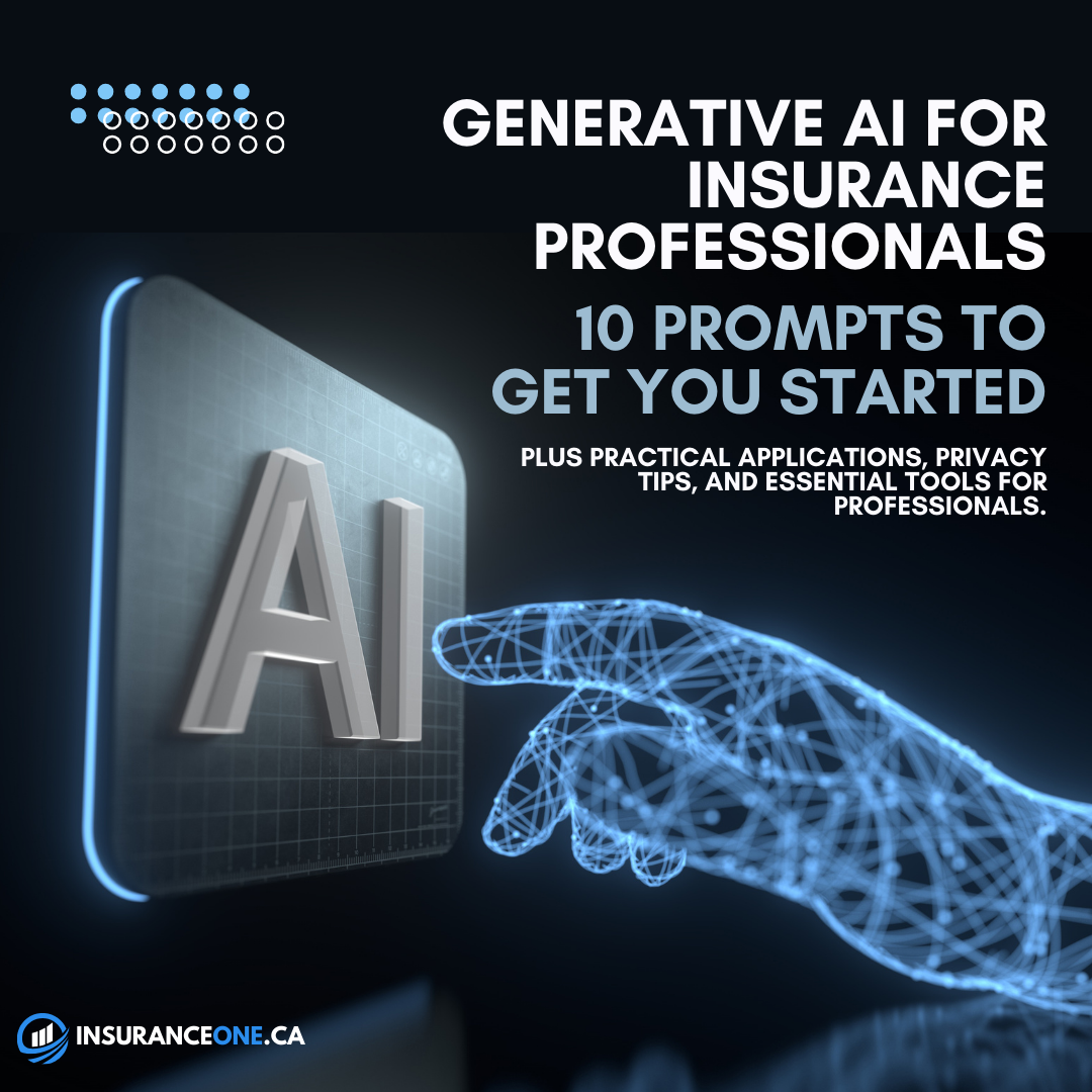 Generative AI for insurance professionals, showcasing a digital hand pointing to an AI icon with tools and prompts to enhance workflows.